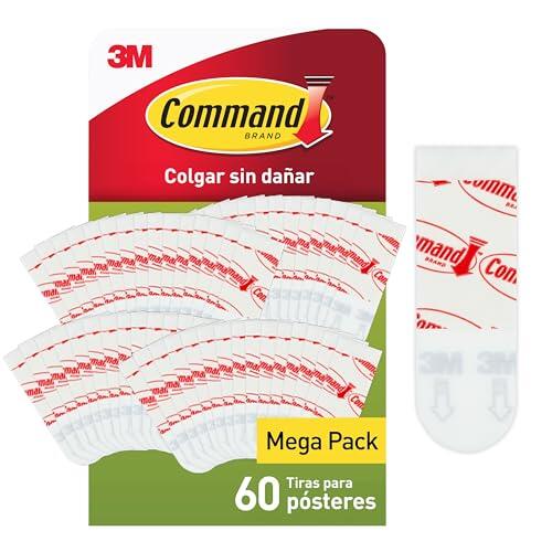 Command Tiras para Póster, 60 Tiras Adhesivas Blancas, Tamaño Pequeño - Para Colgar Pósteres, Calendarios o Fotos sin Marco