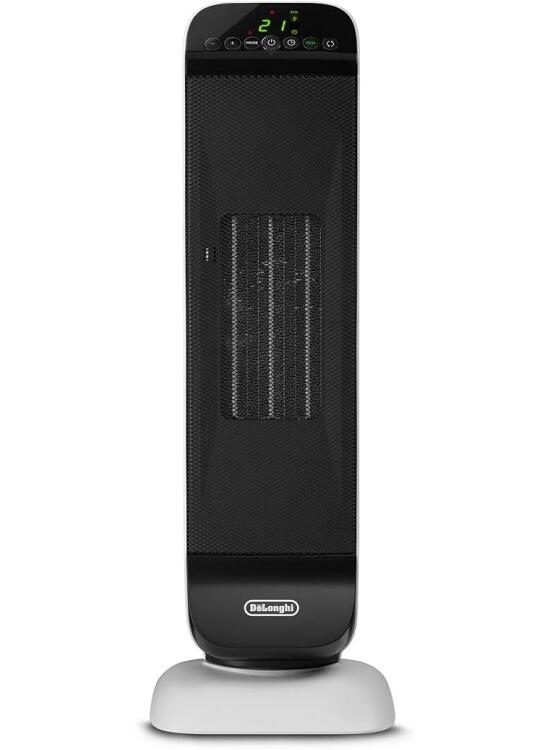 De'Longhi Termoventilador Cerámico de Torre, Calentamiento Rápido con 2 Niveles, Mando a Distancia, Temporizador 24h, Giratorio, Función Eco, Termostato de Seguridad, 2000W, HFX25S20, Blanco/Negro