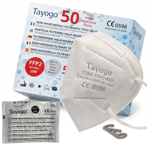 Tayogo 50 Mascarillas FFP2 Blancas o Negras, CE 0598, 5 Capas, Filtración 99,5%, Hipoalergénicas, Sin Olor, Cómodas, Embalaje Individual, Protección Respiratoria + 2 Ganchos Salvaorejas, Ajuste Cómodo