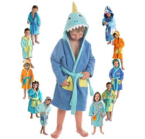 LEBENGOOD - Albornoz Niños Algodón: Niño, 100% Algodón OEKO-TEX® - 2 Bolsillos, Cinturón, Capucha, Albornoces Felpa muy suave con bordados para niños (6-8, Sharky)