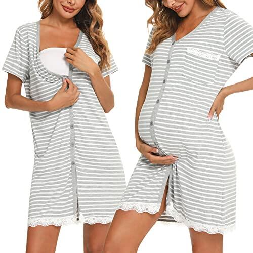 Uniexcosm Camisón Maternidad Lactancia, Camisones Embarazadas Algodon Manga Corta Camison Corto Encaje con Cuello en V Camisón Premamá Ropa para Dormir para Hogar A:Rayas Gris Claro M