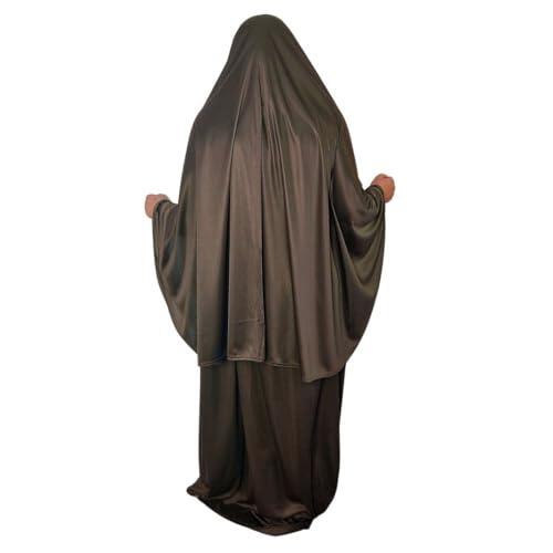 Juego de oración de dos piezas (khimar + falda) talla única, pañuelo elástico de licra ideal para uso diario, hogar, trabajo, viajes, Hayy, Umrah, mezquita, madraza, ramadán, Eid, regalo, marrón