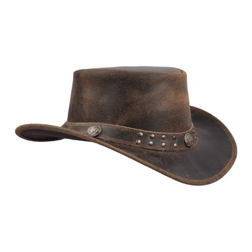 Leatherick Sombrero de Vaquero Sombrero de ala Ancha Vintage con Tachuelas Marrones con cordón para la Barbilla (L, Marrón (Tachuelas))