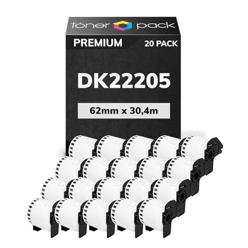 TONER PACK DK-22205 Compatible Rollo de Etiquetas DK-22205 [62mm x 30.48m] - Cinta continua de papel blanca para Brother P-Touch QL-500 550 570 700 710W 720NW 800 810W 820NWB 1050 1100 (20 Unidades)