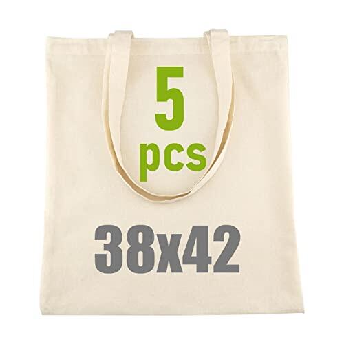 IDEA HOME Bolsa de Yute - Pack de 5 Bolsas de Algodón 100% - Bolsa de Tela para Pintar - 38x42 cm, 144 g/m² - Lona con Asas Largas - Reutilizable para Transporte