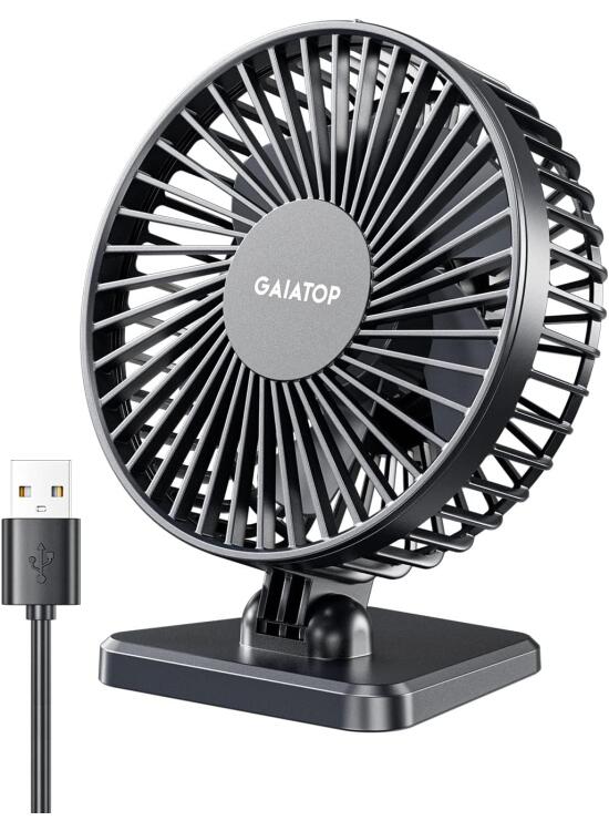 Gaiatop Ventilador de escritorio USB, pequeño pero potente, portátil, silencioso de 3 velocidades, ventilador personal de escritorio, coche, interior y exterior (negro)