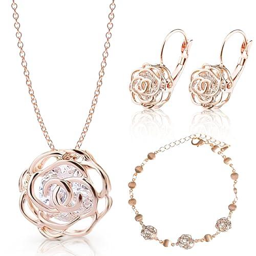 Crystalline Azuria Mujer 18ct Chapado en Oro Rosa Flores Rosas Cristales Juego de joyas Collar Pendientes Pulsera para Mujer Niña Boda Novia y Dama de honor