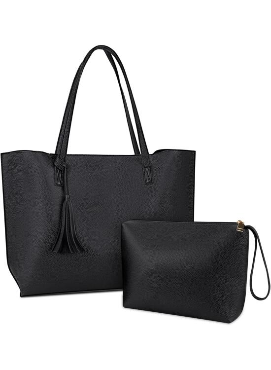 NUBILY Bolsos de Mujer Bolso Mujer Bolso Shopper Grandes Mujer Cuero PU Tote Bag para Universitarias Borla Bolsa de Playa Impermeable 2Pcs Set Negro