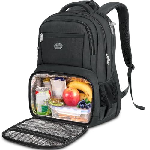 MATEIN Mochila Portatil 17 Pulgadas con Compartimento Termico para Almuerzo, Mochila Hombre Trabajo Impermeable, TSA Lunch Backpack Bolsillo Antirrobo para Oficina, Picnic y Viaje, Negro