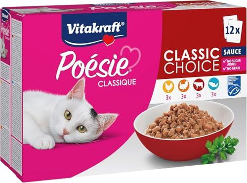 Vitakraft Poésie Classique, comida húmeda gatos, salsa rica (12x 85g) | pollo, pavo, vacuno y salmón MSC, alimento gatos adultos, variedad sabores, sin azúcares añadidos ni cereales