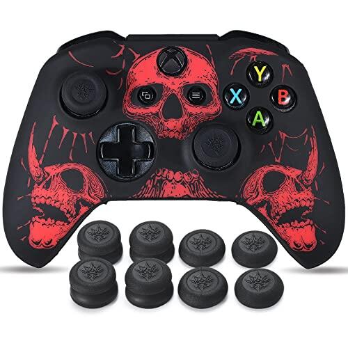 Yorha Talla Láser Silicona Piel Skin para Mando Xbox One S/X x 1 (Rojo) con Agarres para el Pulgar Thumb Grips x 8