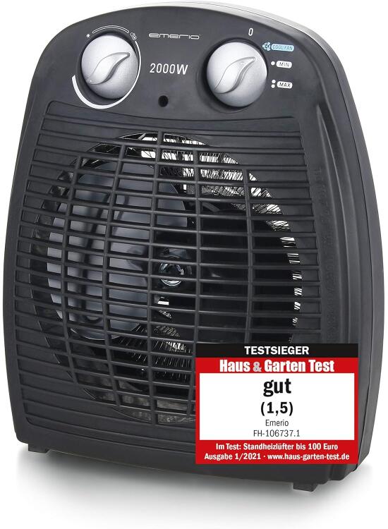 Emerio FH-106737.2 - Pequeño termoventilador compacto para 20 m², 2 potencias de calefacción + función de ventilador, termostato ajustable, interruptor de seguridad, asa, 2000 W