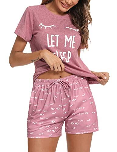 Uniexcosm Pijama de Mujer Verano Conjunto de Algodón Manga Corta y Cuello Redondo Ropa de Dormir y de Casa Casual,A:Rosado,L