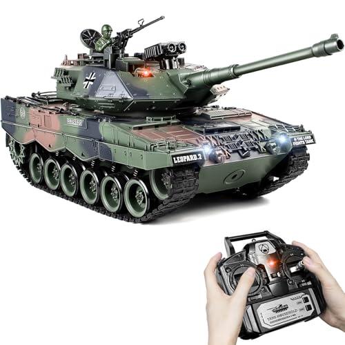 Supdex Tanque RC 1:18 Leopard II, con Luz, Humo y Sonido, Tanque de Juguete Militar a Control Que Dispara BBS y Bombas de Agua, Tanque Teledirigido Adulto y para Niños con Mando 2.4GHz