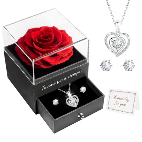 Miofula Rosa Eterna Regalos Originales para Mujer, Flores preservadas Caja de Regalo con Collar y Aretes, Regalo Aniversario Pareja, Regalo Mama Dia de la Madre, Regalos Mujer Cumpleaños San Valentin