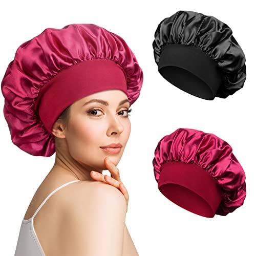 2 Gorros de Satén Ajustable para Dormir con Banda Elástica para Mujeres y Niñas (Negro, Rojo)