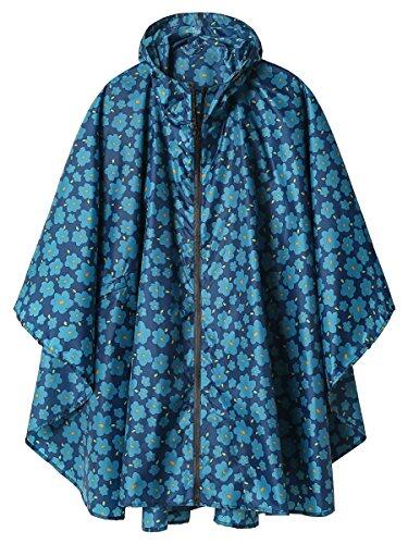 Poncho Impermeable Reutilizable Adulto Unisex Chubasquero Capa de Lluvia Nieve Azul con Flores Azules
