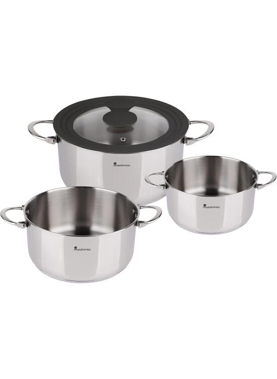MasterPRO Foodies - Batería de Cocina - Set de 4 Piezas Con Cacerolas de 16, 20 y 24 cm y Tapa de Cristal - Fabricadas en Acero Inoxidable - Compatibles con Todo Tipo de Cocinas