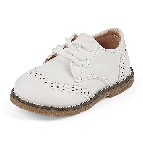 MASOCIO Zapatos de Vestir Planos con Cordones para niños y niñas pequeños (niños pequeños), White, 25 EU