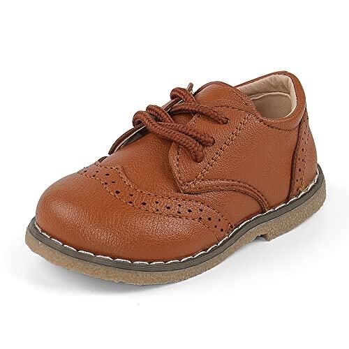 MASOCIO Zapatos de Vestir Planos con Cordones para niños y niñas pequeños (niños pequeños), Brown, 28 EU