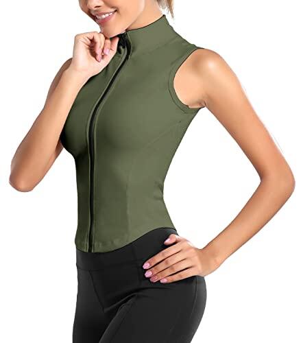 FEOYA Chaleco deportivo con cremallera completa para mujer, cuello alto, sin mangas, yoga, correr, entrenamiento, gimnasio, ropa deportiva, Ejercito Verde, M