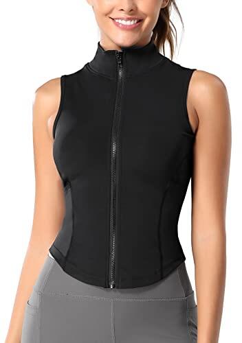FEOYA Chaleco deportivo ajustado con cremallera completa para mujer, cuello alto, sin mangas, para yoga, correr, entrenamiento, gimnasio, ropa deportiva, ropa deportiva, camiseta sin mangas con