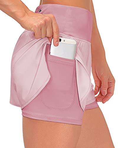 Tincini Pantalones cortos de verano para mujer, pantalones cortos 2 en 1, pantalones cortos para correr, fitness, yoga, tenis, correr, informales, elásticos, de secado rápido, a rosa, S