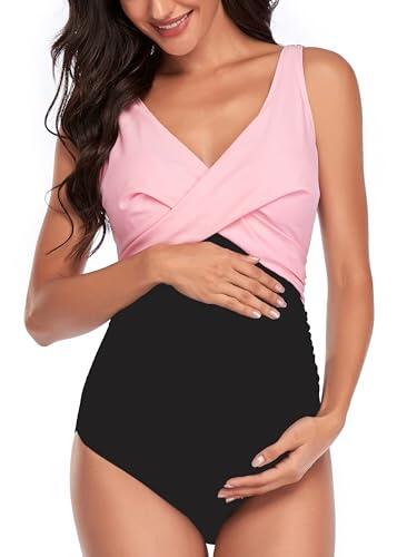 SUMMERSUNSHINE - Traje de baño de maternidad de una pieza con cruce frontal, traje de baño para el embarazo, traje de baño de bikini para maternidad, Rosa y negro., S