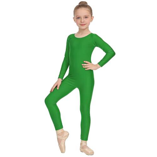 Carnavalife Bodies de Danza para Ballet, Mono de Manga Larga con Cremallera, Leotardo Body Nude para Gimnasia Deportiva Rítmica, Jumpsuit Niña Elástico Bailarina Yoga 1-12 años (7-9 años, Verde)