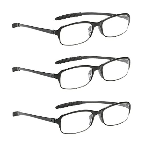 NRDIK PROFLEX Gafas de lectura flexibles (paquete de 3), antichoques, antiarañazos, antideslizantes, unisex (mujeres y hombres) (Oval; BLK; +1.5)
