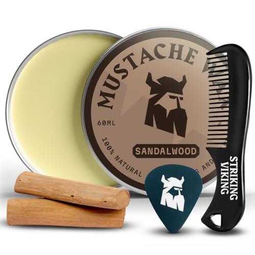 Striking Viking Cera para bigote para hombre con peine - 56 g, sándalo - Cera de fijación fuerte con peine antiestático para un arreglo preciso - Fórmula no grasa para un cuidado sencillo de la barba