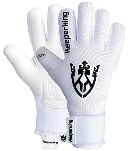 Keeperking Guantes de Portero para Adultos, Guantes de fútbol para Hombre, Costura Interior, Agarre Profesional, 4 mm, Ajuste Fijo, Unisex (9, Blanco y Negro, Corte Negativo)