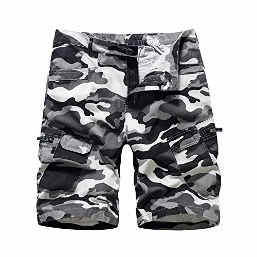 LY4U Camo Shorts Hombres Casual Algodón Cargo Combat Shorts con Múltiples Bolsillos, Gris L