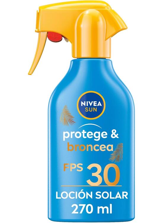 NIVEA SUN Protege & Broncea Spray Solar FP30 (1 x 270 ml), activador del bronceado, protección solar, crema bronceadora, protector solar hidratante resistente al agua, pistola