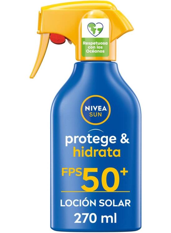 NIVEA SUN Protege & Hidrata Spray Solar FP50+ (1 x 270 ml), protector hidratante y resistente al agua, crema solar con protección UVA/UVB, protección solar muy alta en formato pistola