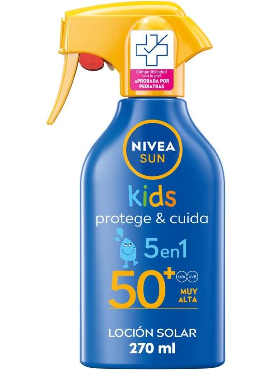NIVEA SUN Spray Solar Kids Protege & Cuida FP50+ (1 x 270 ml), protector solar infantil resistente al agua, protección solar muy alta para niños