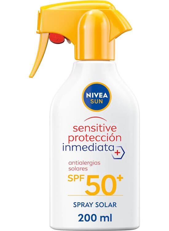 NIVEA SUN Sensitive Protección Inmediata Antialergias Solares FP50+ Spray (1 x 270 ml), spray solar resistente al agua, protector solar para piel sensible, crema solar 50, pistola