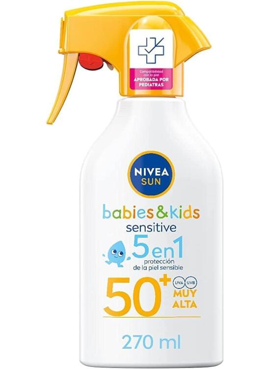 NIVEA SUN Babies & Kids Sensitive Spray FP50+ (1 x 270 ml), Protector Solar Resistente al Agua para Piel Sensible, Crema para bebés y niños, El embalaje puede variar