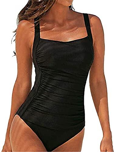 Joligiao Bañadores de Mujer Traje de baño para Reducir Barriga Trajes de una Pieza Monokinis Natacióncon Relleno Vintage Push up Cuello para Mujer(Negro,L)