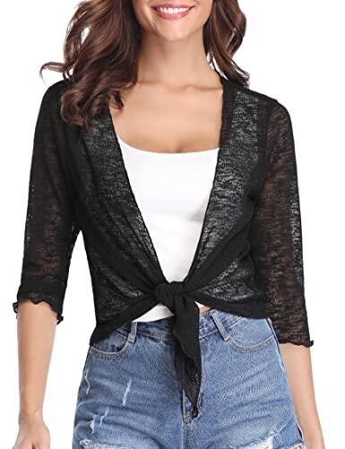 Gyabnw Cárdigan Mujer Bolero 3/4 Mangas Cárdigan Acanalado Verano Luz Elegante Chaqueta Corta Bolero Chaqueta Abierta Frente Cárdigan Ligero Transparente, Negro, L