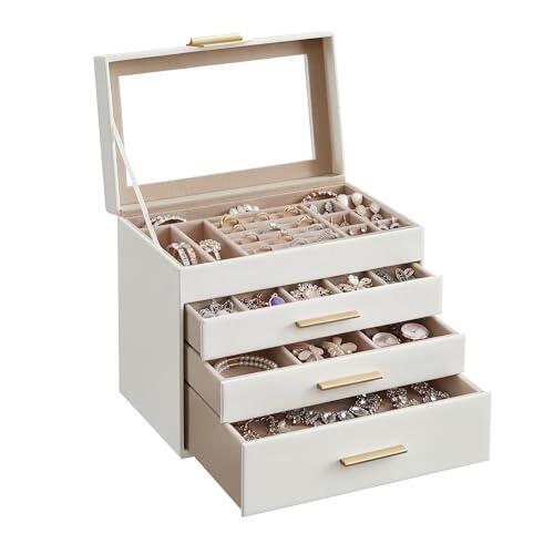 SONGMICS Colección GISELLA - Caja de Joyas, Caja Joyero de 4 Niveles, Estuche de Joyería, con 3 Cajones, Gran Capacidad, Estilo Moderno, Blanco Nube y Dorado, 15,3 x 25,1 x 21,5 cm JBC161W01