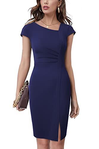 HOMEYEE Vestido de lápiz de Negocios con Cuello en V Vintage para Mujer con Abertura B700 (L, Azul Marino)