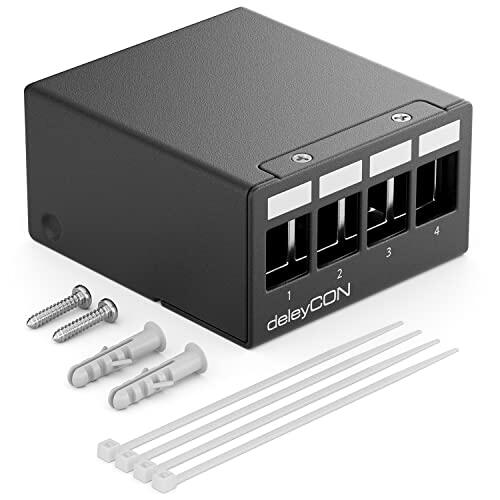deleyCON Panel de Parcheo 4 Puertos Carcasa 1HE para Módulos Keystone 14,9mm x 17mm por Ejemplo con Enchufe Coxial RJ45 Conector F Conector de Antena RJ-11 Bocas Cinch USB Toslink PS2 HDMI - Negro