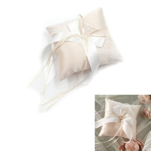 mimzemamz Marfil Boda Anillo Almohada CojíN - SatéN Y Perla Anillo De Boda Portador Almohada CojíN Bordar Encaje De Flores con Arco, 15 Cm X 15 Cm Portador De Anillo para Boda De Playa