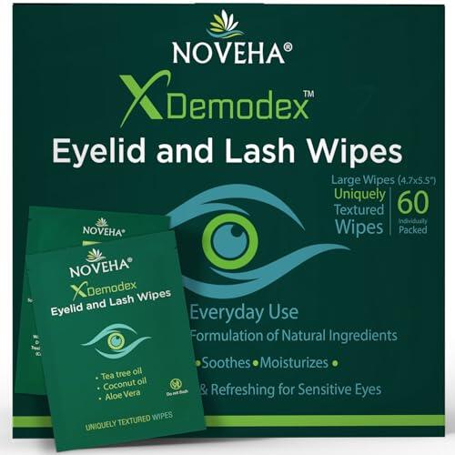 NOVEHA Demodex - Toallitas para párpados y pestañas | Caja de 60 toallitas limpiadoras extra fuertes envueltas individualmente, combate la picazón y los ojos irritados asociados con los ácaros Demodex