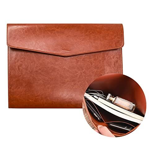 VANRA Organizador de carpetas de archivos de piel sintética, soporte para documentos, bolsillos para proyectos con botón de cierre magnético y bolsa interior para papel tamaño carta A4 (marrón)