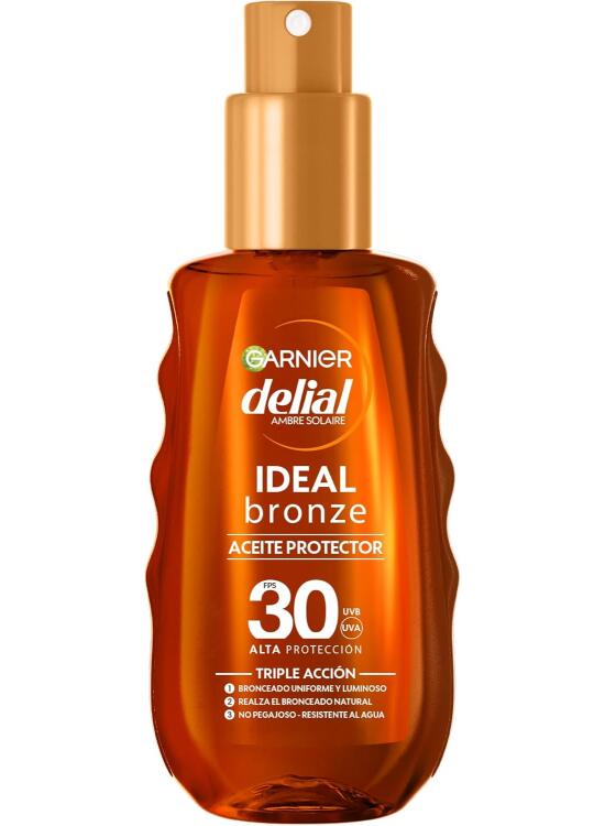 Garnier Delial Ideal Bronze Aceite Protector Bronceador en Spray. Alta Protección FPS 30. Bronceado uniforme y luminoso. Realza el bronceado natural. Resistente al agua, arena y sudor. 150 ml