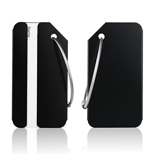 Flintronic 2 Piezas Etiquetas Maletas Viaje, Etiquetas de Equipaje de Aleación de Aluminio de Color Brillante con Cable de Acero y Tarjeta de Identificación,para Viaje,Equipaje FacturadoNegro