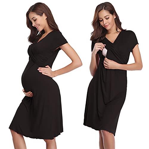 Irdcomps Camisón Lactancia para Mujeres Camisones Embarazada Verano Ropa para Dormir para premamá Maternidad Hospital(Negro,L)
