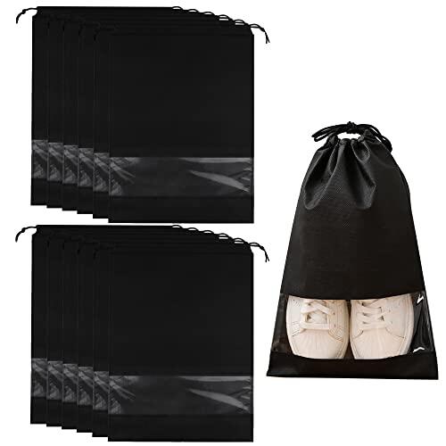 Dantolo 12 Piezas No Tejida Bolsa Zapatos,Portátil Prueba de Humedad Almacenamiento Bolsa para Viajes Hogar con Cordón Portátil con Ventana Transparent 44x32cm (Negro)